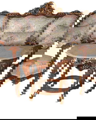 Set baroc living din lemn masiv mahon cu tapiterie bej din matase