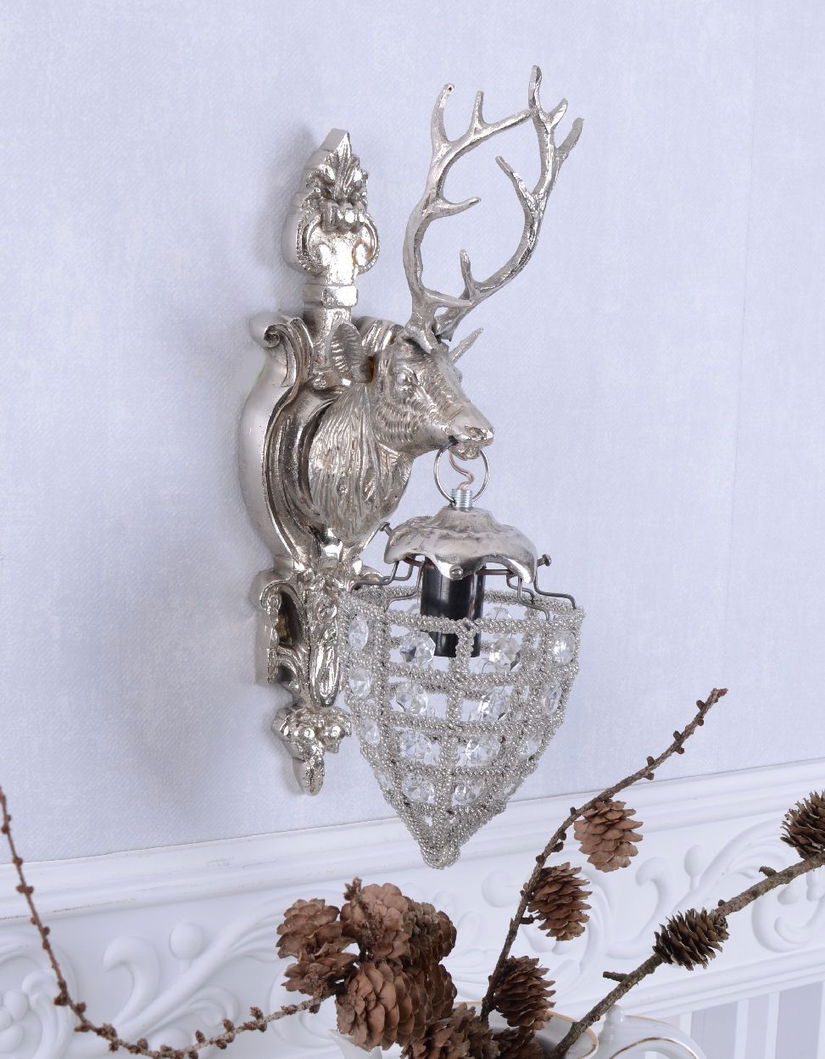 Aplica Rococo cap de cerb argintiu cu ornamente cristal