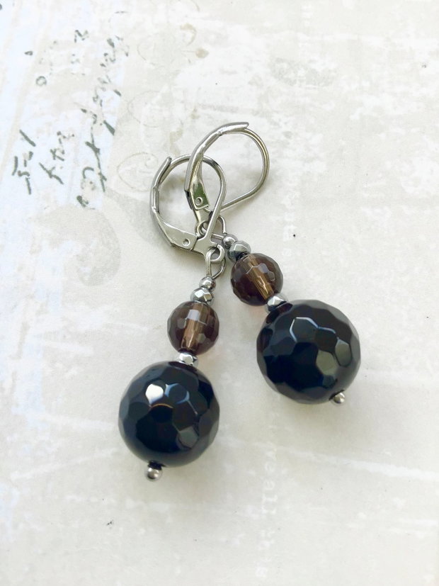 Cercei onix negru & cuart fumuriu