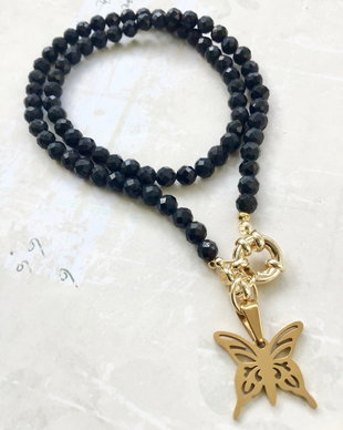 Colier CHOKER Turmalina neagra & fluture auriu