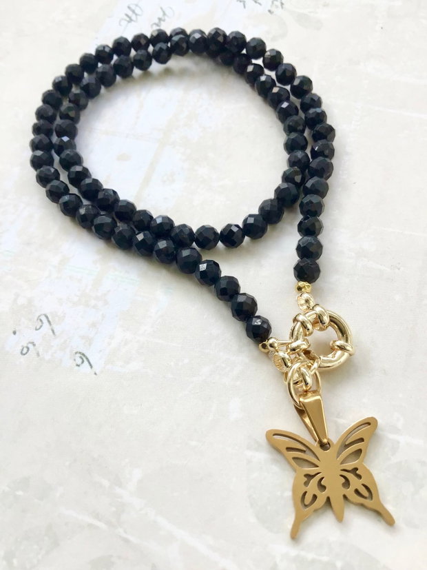 Colier CHOKER Turmalina neagra & fluture auriu