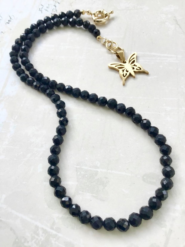 Colier CHOKER Turmalina neagra & fluture auriu