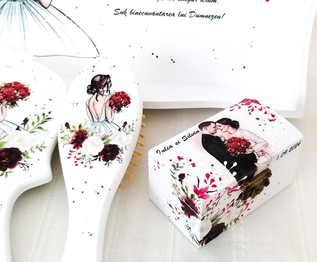 Cutie de verighete cu mireasa cu buchet roșu