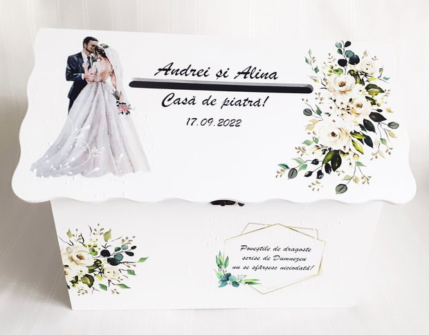 Cutie de dar tip căsuță cu flori albe