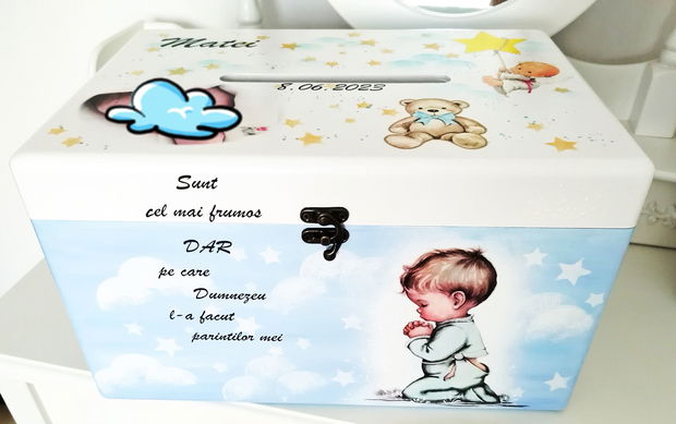 Cutie de dar pentru botez cu băiețel și ursuleț