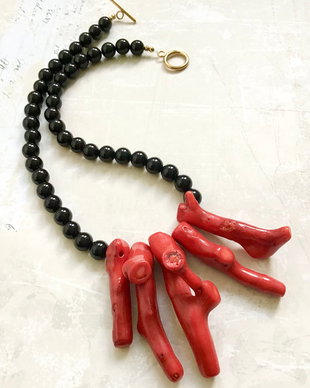 Colier Coral rosu & onix negru