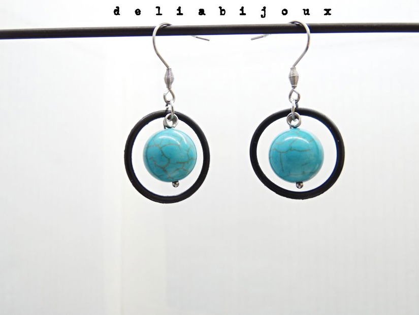 Cercei handmade statement - Stil Industrial - turcoaz si cauciuc (cod1153)