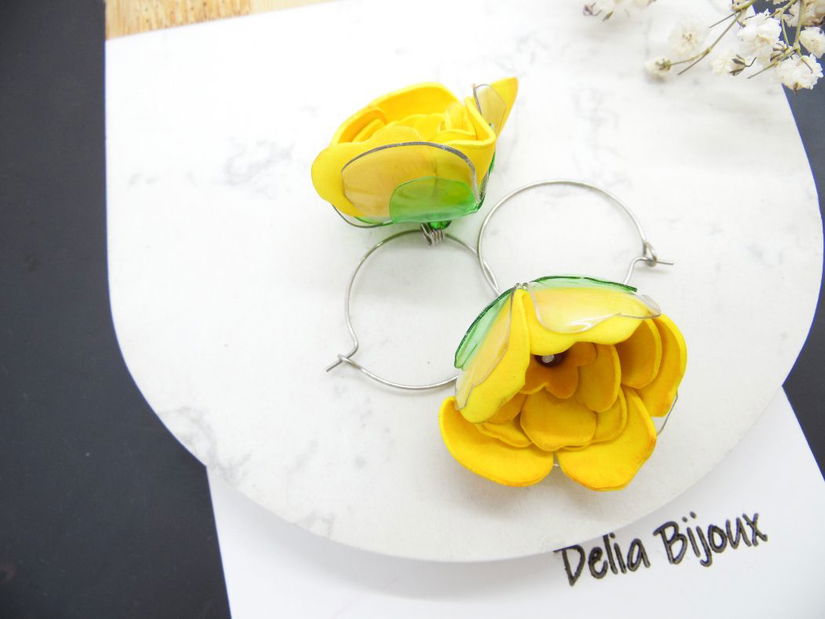 Cercei Statement Handmade Flori Foamiran și Sticlă Reciclată (cod1154)