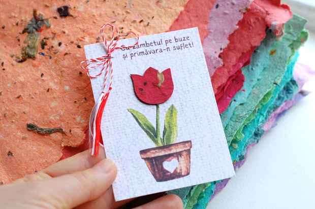 Martisor plantabil - Lalea din hartie manuala cu seminte de flori
