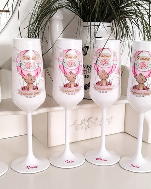 Pahare botez fetita, ursulet in balon, roz