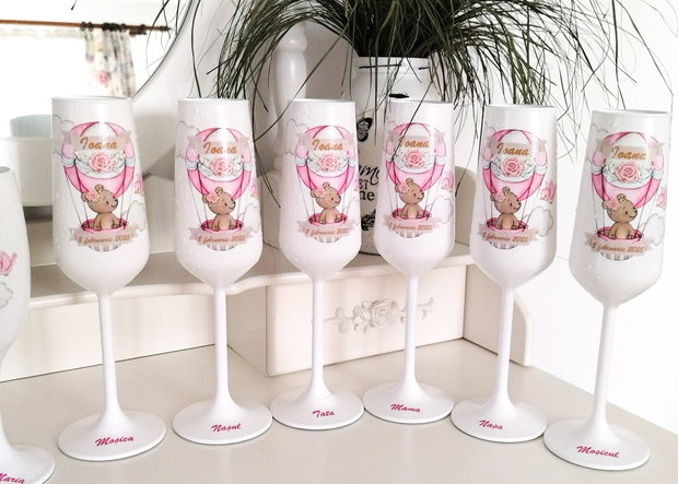 Pahare botez fetita, ursulet in balon, roz