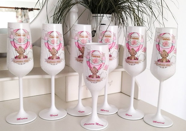 Pahare botez fetita, ursulet in balon, roz
