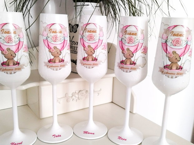 Pahare botez fetita, ursulet in balon, roz