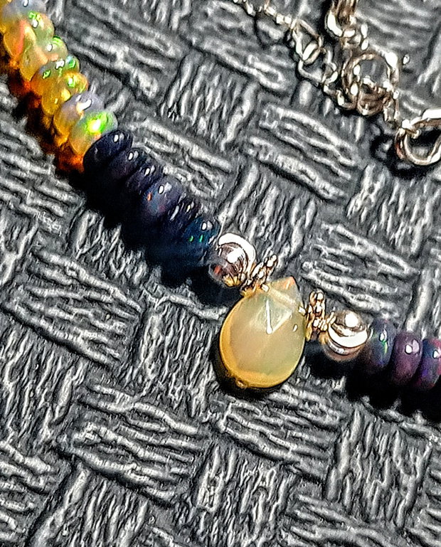 Colier argint opal de foc etiopian negru galben piatra lunii neagra opal galben minimalist boho chic trendy cadou - Transport gratuit