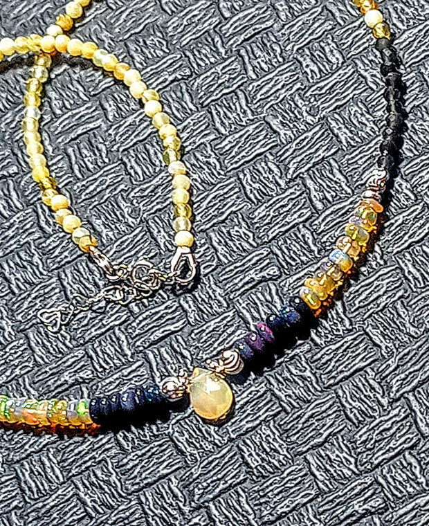 Colier argint opal de foc etiopian negru galben piatra lunii neagra opal galben minimalist boho chic trendy cadou - Transport gratuit