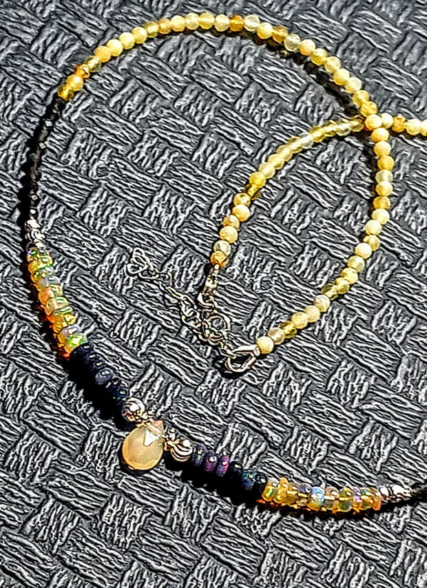 Colier argint opal de foc etiopian negru galben piatra lunii neagra opal galben minimalist boho chic trendy cadou - Transport gratuit