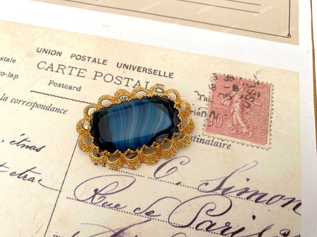 Brosa decorativa cu piatra albastra・Brosa vintage filigranata・Brosa fabuloasa