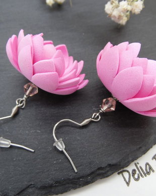 Cercei Handmade din Foamiran cu Flori și Mărgele  (cod1155)
