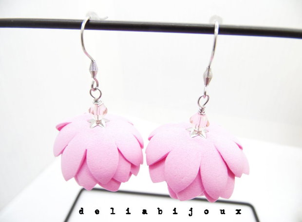 Cercei Handmade din Foamiran cu Flori și Mărgele (cod1155)
