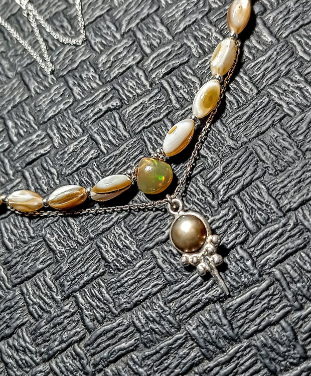 Colier argint opal de foc etiopian perla naturala de cultuira sidef charm lant argint minimalist boho chic trendy cadou
