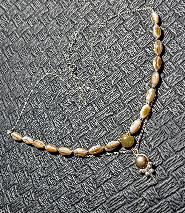 Colier argint opal de foc etiopian perla naturala de cultuira sidef charm lant argint minimalist boho chic trendy cadou