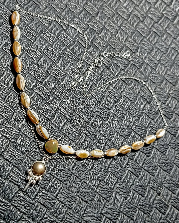 Colier argint opal de foc etiopian perla naturala de cultuira sidef charm lant argint minimalist boho chic trendy cadou