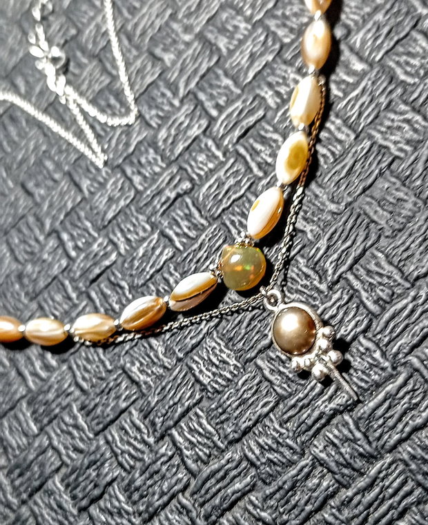 Colier argint opal de foc etiopian perla naturala de cultuira sidef charm lant argint minimalist boho chic trendy cadou