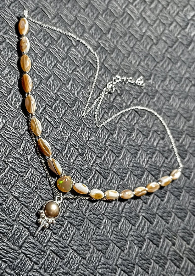 Colier argint opal de foc etiopian perla naturala de cultuira sidef charm lant argint minimalist boho chic trendy cadou