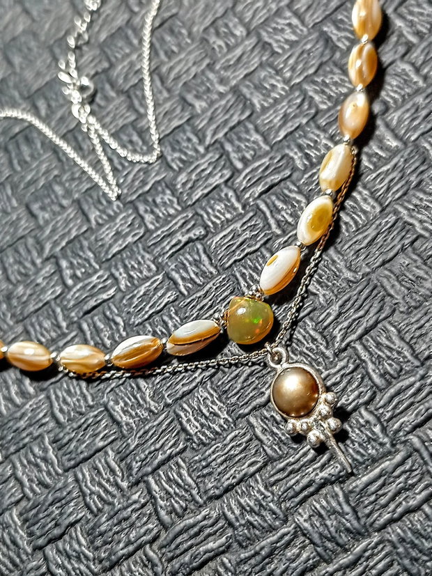 Colier argint opal de foc etiopian perla naturala de cultuira sidef charm lant argint minimalist boho chic trendy cadou