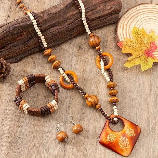 Set bijuterii boho - lemn