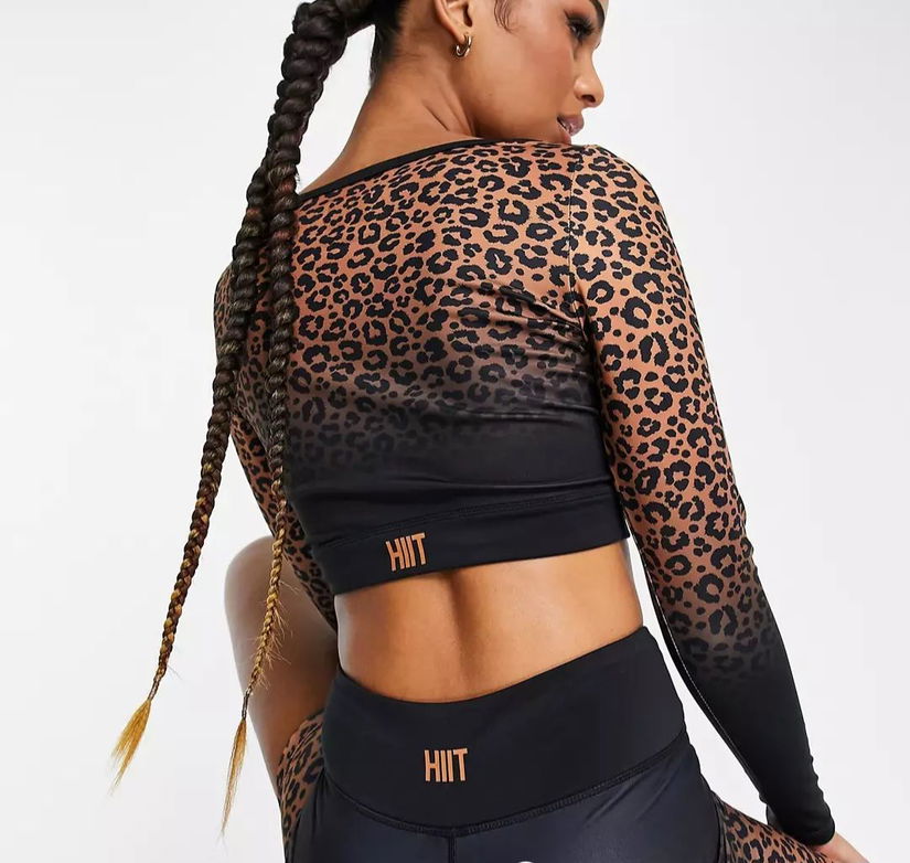 Gym set animal print top leggings negru