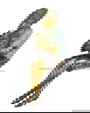 Fetita cu pisica-statueta din bronz pictat