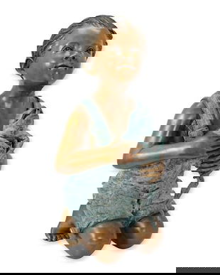 Baietel cu broasca-statueta fantana din bronz pictat