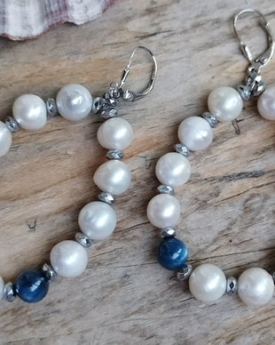 Cercei perle de cultura si kyanite, argint 925 rodiat