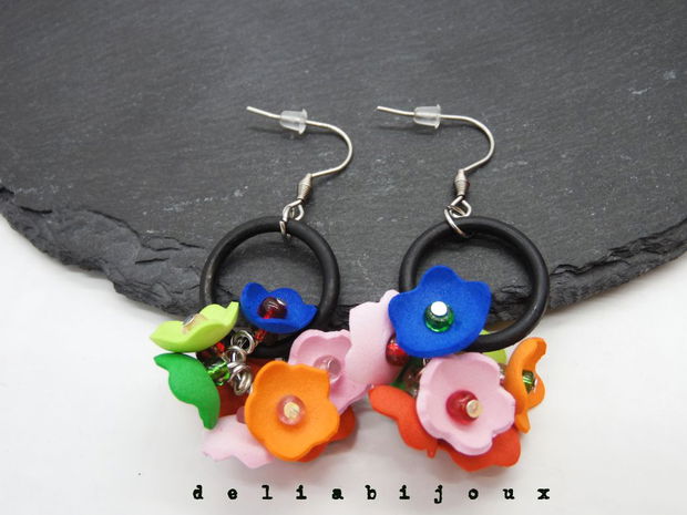 Cercei Handmade din Foamiran cu Flori și Mărgele  (cod1158)