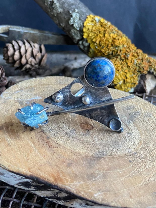 Inel reglabil, supradimensionat si asimetric din argint 925, lapis lazuli si acvamarin brut