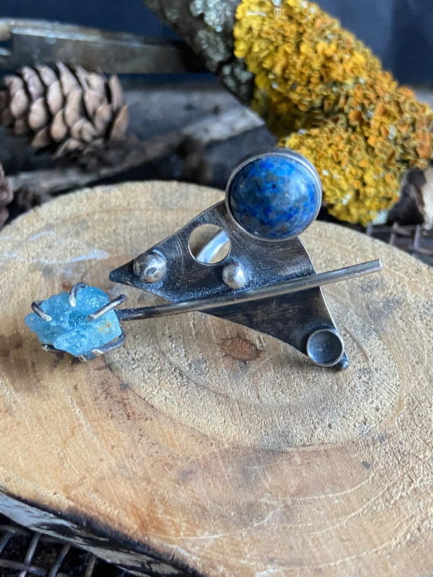 Inel reglabil, supradimensionat si asimetric din argint 925, lapis lazuli si acvamarin brut