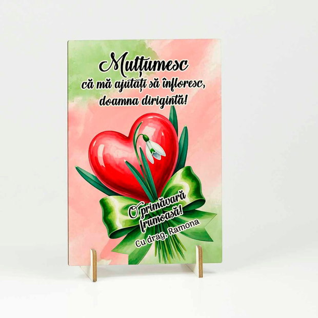 Felicitare decoratiune lemn cu inima si ghiocei profesoara diriginta