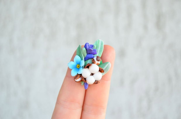 Floare de bumbac, nu ma uita si lavanda- Brosa Martisor