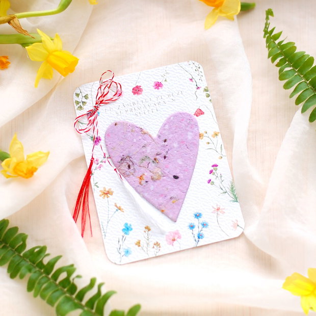 Martisor hartie plantabila - inima cu seminte si petale de flori