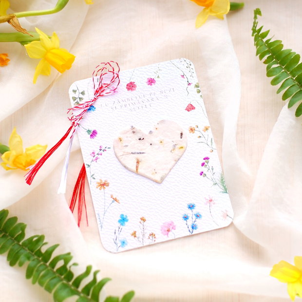 Martisor hartie plantabila - inima mica cu seminte si petale de flori