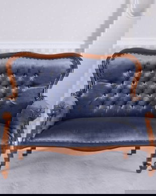 Sofa Empire din lemn mahon cu tapiterie albastra