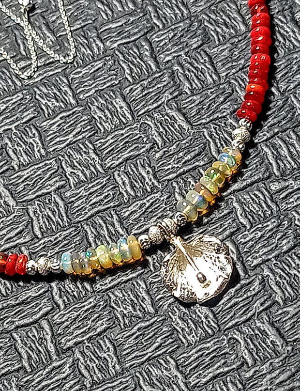 Colier argint opal de foc etiopian galben rosu oranj charm floare lant argint minimalist boho chic trendy - Transport gratuit