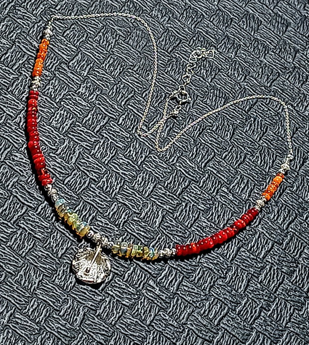 Colier argint opal de foc etiopian galben rosu oranj charm floare lant argint minimalist boho chic trendy - Transport gratuit