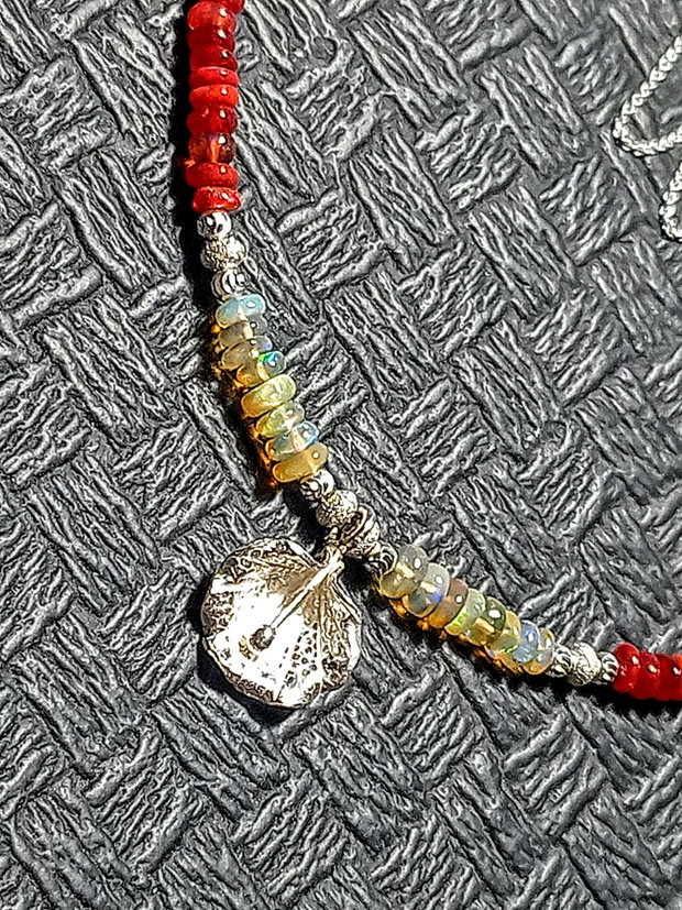 Colier argint opal de foc etiopian galben rosu oranj charm floare lant argint minimalist boho chic trendy - Transport gratuit