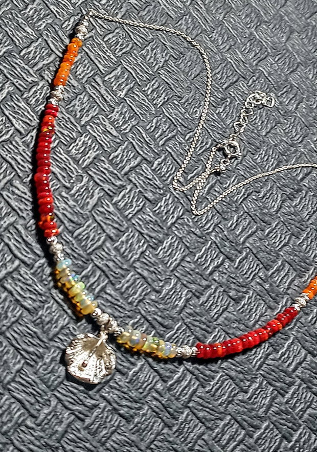 Colier argint opal de foc etiopian galben rosu oranj charm floare lant argint minimalist boho chic trendy - Transport gratuit