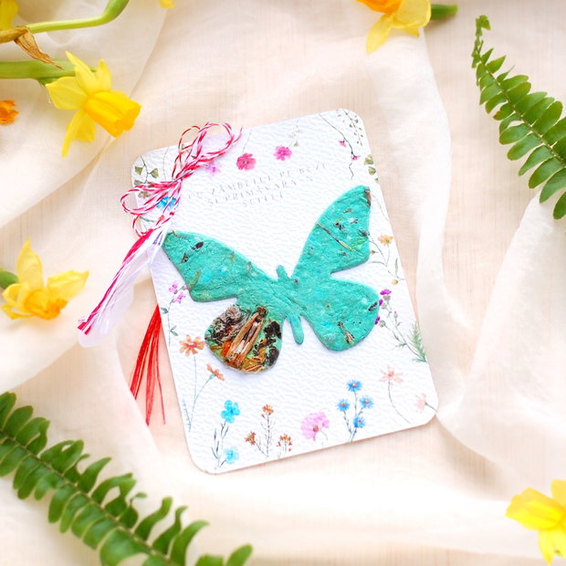 Martisor hartie plantabila - fluture cu seminte si petale de flori
