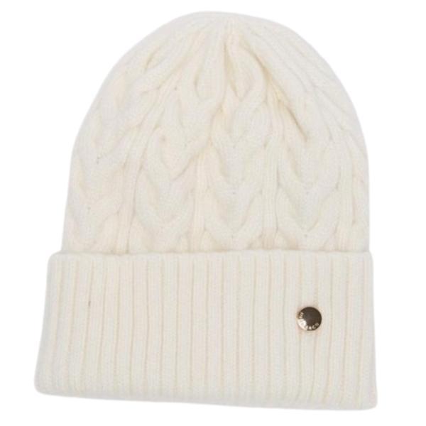 Caciula Beanie din Tricot Alb cu Angora si Margine Indoita