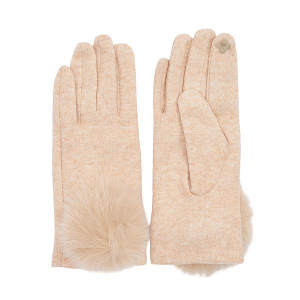 Manusi Camel Tricot Fin cu Pompon Aplicat