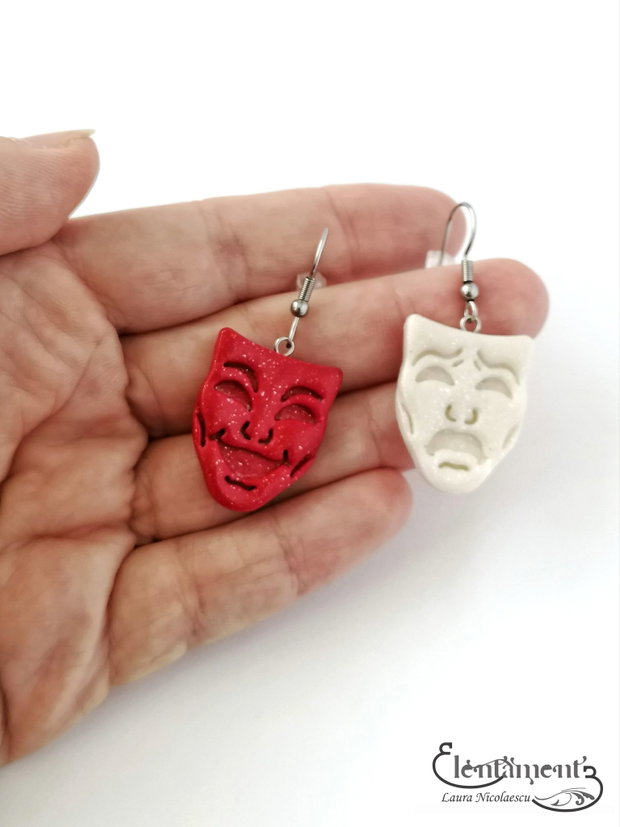 La comanda - Cercei masti de teatru alb/rosu (martisor)